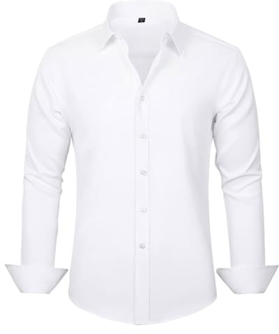 BNREOZA Camisa de Manga Larga Para Hombres - Regular Fit, Anti-Arrugas, Elástica, Blanca Casual, Fácil de Planchar, Traje de Color Sólido - XXL (45)