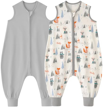 Looxii 2er Pack Baby Sommerschlafsack mit füßen 0.5 Tog Schlafsack Baby 100% Baumwolle Baby Schlafsack für Kinder 18-36 Monate Jungen Mädchen 80 cm Grey Forest