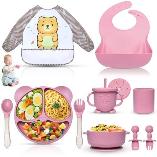 Dazhtu Set Pappa Svezzamento, 11 Pezzi Svezzamento Set Silicone Piatto per Bambini con Ventosa Ciotola Cucchiaio Tazza Bavaglino,Training Esercitarsi A Mangiare Da Soli, Set di Posate,Senza BPA(Rosa)