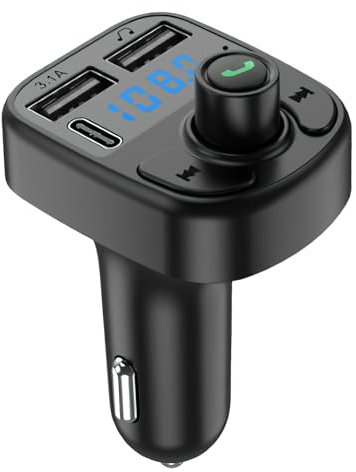 Bluetooth Car Adapter Radio FM Transmitter 5.0 Wireless Blue Tooth Car Music Calling Adaptor with 2 Usb Ports 1 Type C Port Fast Charger 5V/3.1A and 1A Mp3 Player Support Tf Card & Disk