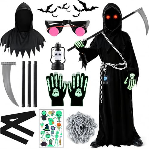 TOYTOPIE Disfraz de Parca de Halloween, Traje de Miedo Niños y Niñas con Guadaña, Gafas Brillantes, Guantes Esqueleto para Fiestas Halloween y Carnaval (5 a 10 Años)
