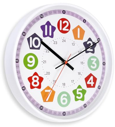 Aurowit Learning Wall Clock 12 Inch –Time Teaching Non-Ticking Battery Operated Wall Clock for Classroom, Bedroom, Homeschool, Christmas