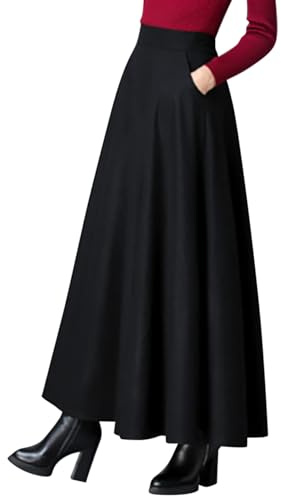 Womens Vintage A-line Long Maxi Skirts Fall Winter Business Office Swing Pleated Flared High Waisted Skirt with Pockets Black