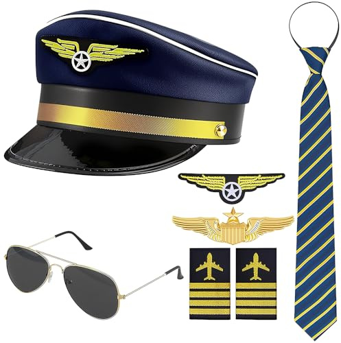 Gobesty Pilot Kapitän Kostüm Zubehör, Mit Verstellbare Mütze Hut Pin Krawatte Abzeichen Schulterriemen Sonnenbrille für Kinder Damen Herren Erwachsene Cosplay