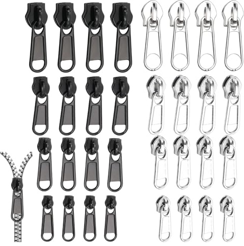 24 Stück Reißverschluss Zipper, 4 Größen Metall Reißverschluss Schieber Ersatz, Universal Zipper für Reißverschlus, Pull Fixer Reparatur Abnehmbare für Kleidung Rucksäcke (2.7-5.4 mm Schwarz,Silber)