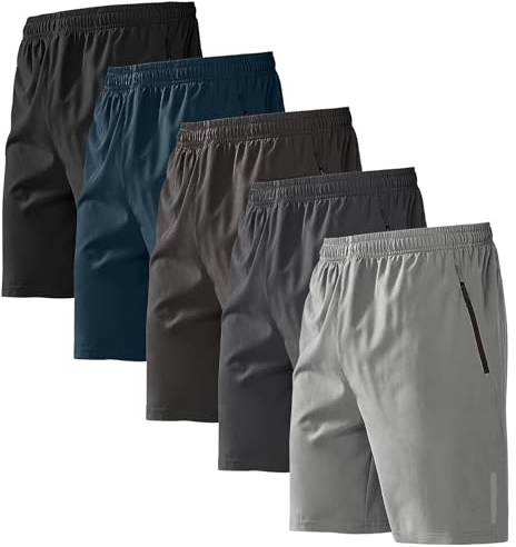 BUYJYA 5 Pack Men's Athletic Gym Shorts Set Workout Basketball Running Elastic Waist with Zipper Pocket Gift