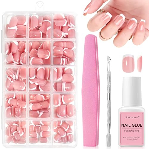 Soodyoow 240 Piezas Uñas Postizas, Uñas Postizas Cortas, Uñas Press On Cortas, Uñas Postizas Francesas Corto, con Pegamento, Empujador de Cutícula Lima Uñas, para Salones Uñas, Manicuras DIY
