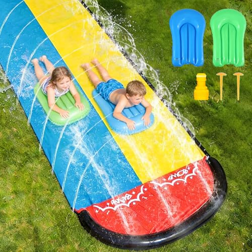 TGKYK 15.7ft/480cm Tobogan Agua Deslizante, Tobogán Doble Pista Deslizante Agua con 2 Tablas de Bodyboard, Tobogán Acuático para el Verano, Actividades Acuáticas
