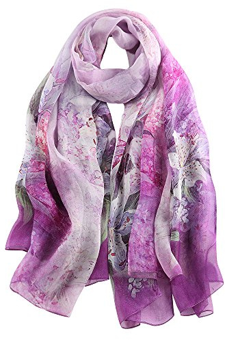 STORY OF SHANGHAI 100% Mulberry Silk Scarf for Women Purple Pink Lily