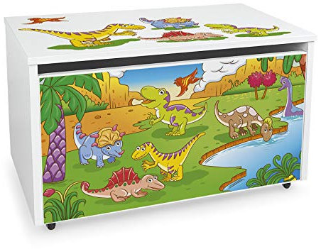 Leomark Contenitore portagiochi in legno, Grande baule per giocattoli, panca su ruote, scatola con coperchio, cassapanca per bambini, dimensioni: 71 cm x 40 cm x 46 cm (LxPxA) (Dino)