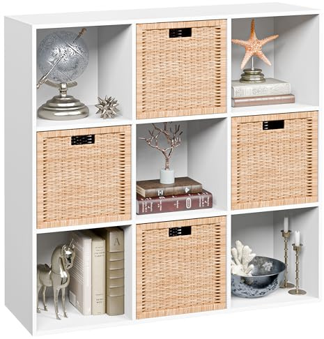 JupiterForce 9 Cube Storage Organizer, Wooden Cube Shelf W/ 5 Removable Back Panels, Customizable Cube Bookcase Bookshelf Freestanding Display Shelf for Home, Office, Bedroom and Living Room (White)