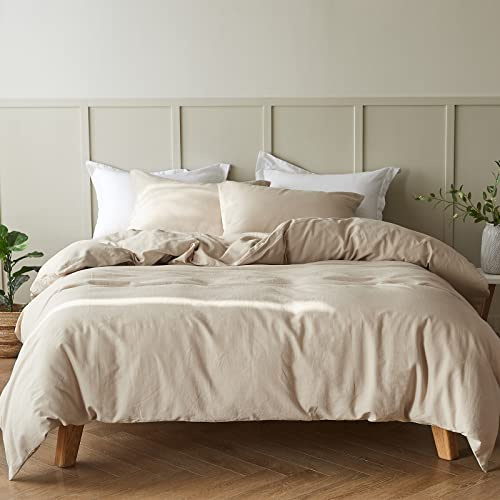 Simple&Opulence Funda Nordica 200x200 cm con Funda de Almohada 50x75cm -Juego de Funda Nordica Cama 105 de Lino y Algodón, Suave,Transpirable y Cómodo para Todo el Año,Beige