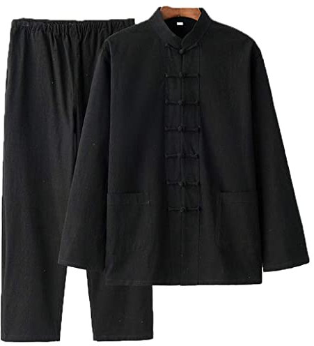 Herren Traditionelle chinesische Kleidung Tang Anzug, Baumwolle Leinen Tai Chi Kleidung, lose Kung Fu Jacke Langarm Mantel Oberteile und Hose, Kampfanzug, Schwarz , 3X-Large