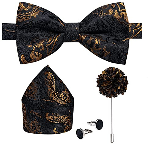 DiBanGu Silk Black Gold Bow Ties for Men Adjustable Pre-tied Bow Tie and Pocket Square Set with Lapel Pin Fashion Floral Jacquard Party Prom Wedding