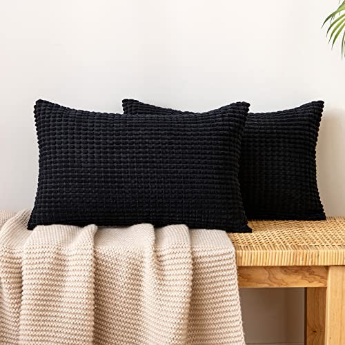 EMEMA Kordsamt Kissenbezug Granulat Dekorative Sofakissen Dekokissen Kissenbezüge Couchkissen Kissenhülle Weich Kissen Bezug Zierkissen für Sofa Couch Wohnzimmer 2er Set 40x60 cm Schwarz