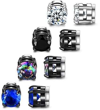 SIISPRI 4 Pairs Stainless Steel Magnetic Stud Earrings for Men Women Hypoallergenic Inlaid Cubic Zirconia Unisex Non-Piercing Clip On Stud Diamond Earrings Set