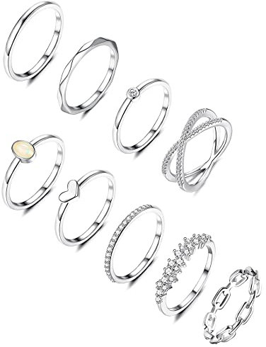 MILACOLATO 9Pcs Silber Gold Ring Set Für Damen Mädchen 14Karat Vergoldet Stapelbare Silberringe Knöchelringe CZ Herz Stapelband Ringe Einfacher Zierlicher Ehering Fingerring für Sie Frauen Größe 52-65