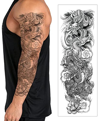 Temporary Tattoo Sleeve Transfer - Full Arm Realistic Waterproof Fake Tattoo Sticker for Men Women Kids - By Delusion Tattoos (Chinese Dragon & Flowers)