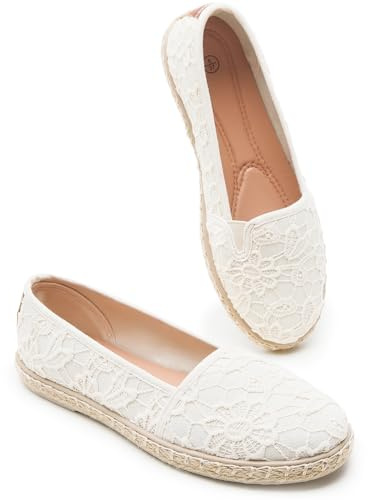 BABUDOG Women's Flats with Flower Embroideried,White Lace Ballet Flats,Comfortable Dress Flats(Nude.US8)