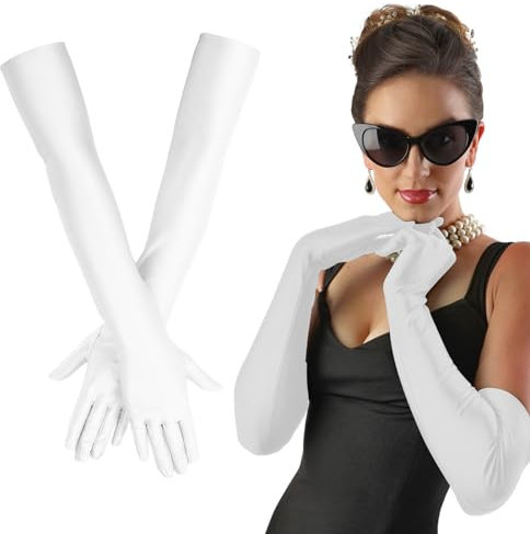 Sangcca Lange Ellenbogen Satin Handschuhe – Elegante Damenhandschuhe – Lange Abendhandschuhe Opernhandschuhe 1920er – Ideal für Halloween, Karneval, Fasching, Partys und Kostüme (Weiß)