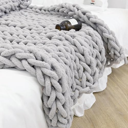 Chunky Chenille Yarn for Blanket, Fluffy Arm Knitting Super Bulky Soft Thick Washable Big Yarn for Hand Knitting Extreme Throw Rugs Pillow, Light Gray