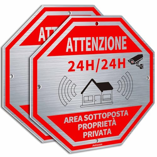 Cartello area videosorvegliata 24H per ragioni di sicurezza 20cm x 20cm in Alluminio - 2 Pz CCTV Cartello Videosorveglianza- Ashoaza Cartelli videosorveglianza per negozio e proprietà privata
