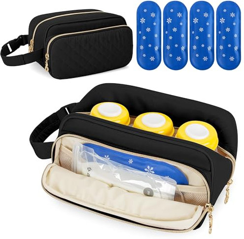 Damero Borsa termica per latte materno con 4 pacchetti di ghiaccio, borsa termica per biberon di latte materno, borsa termica per biberon da viaggio per madre che allatta, Nero
