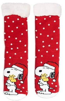 United Labels The Peanuts Snoopy Kuschelsocken für Damen, Rot Weiß, 35-38, flauschige Stoppersocken, Wintersocken, warme Socken, Hüttensocken