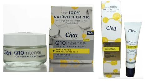 Cien Q10 Intense Anti-Falten-Gesichtscreme, 50 ml, Tag LSF 15, intensive Feuchtigkeit + Augenkontur, 15 ml, 2er-Pack