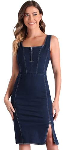 Allegra K Robe Moulante en Jean pour Femme sans Manches Fendue à Col Zippé Robe Débardeur à Bretelles Spaghetti Bleu foncé L
