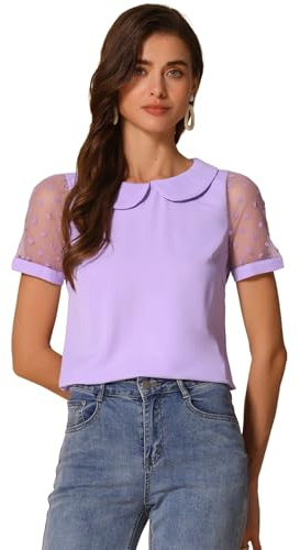 Allegra K Puffärmar för kvinnor vintage bubikrage topp mesh polka prickar topp blus, lila, M