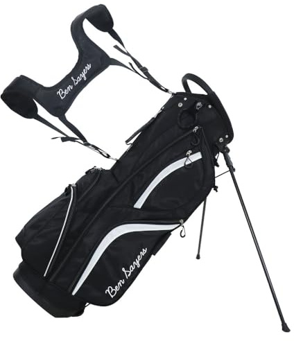 Ben Sayers DLX Deluxe Mens Golf Stand Bag | Lightweight with Padded Lumbar Support & Dual Shoulder Strap | 14-Way Full Length Club Dividers & Water Resistant Pockets (Black/White)