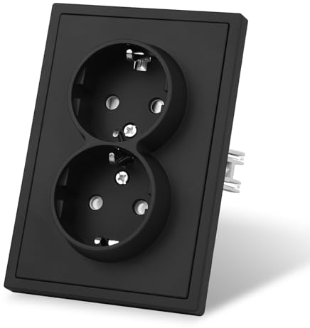 CNBINGO Enchufe doble mate con garras tensoras – Enchufe Schuko doble empotrado – Enchufe de pared con protección de contacto – Placas de plástico con tacto – 80 mm x 118 mm – Negro