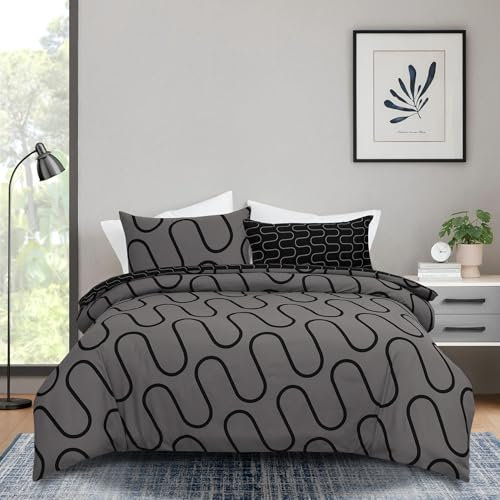 Hafaa Double Duvet Set Soft Printed Bedding Set Brushed Microfiber Duvet Cover with Pillowcases (Black and Grey Wave 200x200 CM)