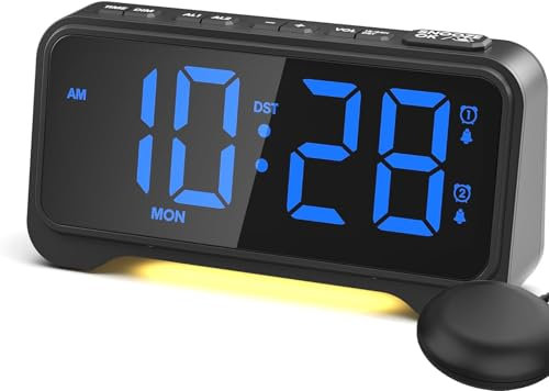 Mesqool Alarm Clock for Heavy Sleepers with Bed Shaker - Loud Vibrating Digital Alarm Clock for Deaf, 5 Dimmer & Volume, Dual Alarms, USB Powered, Snooze, 12/24H, Blue LED Display, Night Light