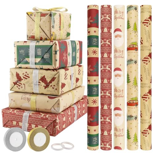 Foydream 5 Rollos Papel Regalo Navidad, 43 cm x 300 cm Kraft Colorido Resistente Reciclado Para Decoración Navideños, Todas Las Fiestas de Aniversario y Navidad