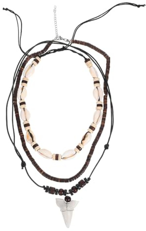 Healvian Men Necklace Set Handmade Beaded Jewelry with Natural Shells and Shark Teeth Pendant for Beach Vacations Outdoor Adventures