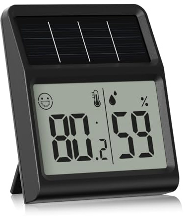 Termometro Digital Casa Solar, Higrometro Termometro Alimentado por Luz Interior- Medidor de Humedad funciona únicamente con exposición lumínica, Negro - Pack de 1 unidad