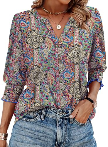 Aokosor 3/4 Sleeve Tops for Women UK V Neck T Shirts Summer Casual Blouses S-2XL