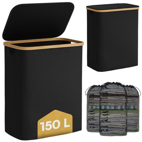 Bellamio Tolt Wäschekorb 3 Fächer schwarz – Wäschesammler 150 L mit Deckel – Wäschesammelbox aus Oxford-Gewebe mit Bambusring – Schmutzwäschebehälter mit herausnehmbarem Wäschesack – Wäschetonne hoch