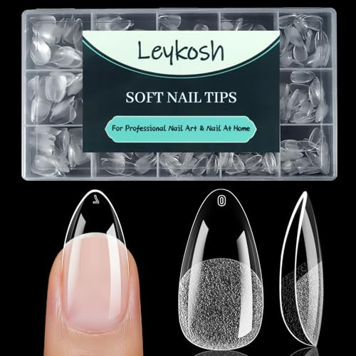 LEYKOSH 240PCS 15 Sizes Medium Almond Nail Tips for Gel Extensions Half Matte Clear Acrylic Soft Gel X Full Cover Tips Pre-shaped Press On Nail for Home DIY and Art Salon