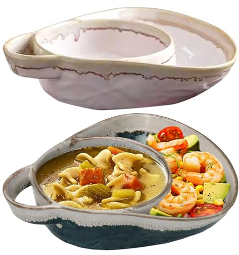 Monetais 2 st soppskålar retro keramisk chip- och dippskål med handtag kreativ soppa och sidotallrikar för sallad, efterrätt, frukt, 20 x 18 x 5 cm chips- och dippskål