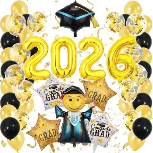 55 pcs Set de Globos para Graduación 2026,XXL Decoración Graduación 2026 Globo Dorados y Negro Metálicos Decoración Adornos de Fiesta,Para Decoracion Cumpleaños, Fiesta, Graduacion, Boda