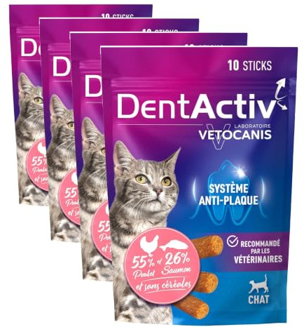 Vetocanis - Dentactiv Stick Dentaire Chat - Friandises pour Chat - Hygiène et Santé - Riche en Viande et Poisson - 55% Poulet, 26% Saumon - Recommandé par Les Vétérinaires - Système Anti-Plaque