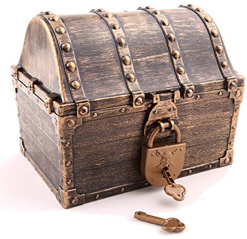 Sincere Party Large Size Portable Plastic Bronze Pirate Treasure Chest Pirate Party Goody Box,Teacher's Classroom Rewards Storage Box with 2 Locks & 4 Keys in Size of 16cmX12cmX13.3cm