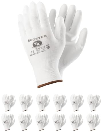 TK Gloves ROOSTER/guanti protettivi in poliestere, rivestiti in poliuretano/taglia 08, 100 paia/bianco/guanti di montaggio/guanti da lavoro