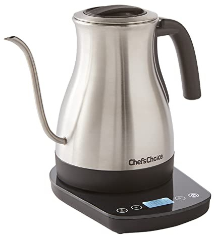 Chef'sChoice Electric Kettle Gooseneck Style Perfect for Pour-Overs Stainless Steel Construction 1200 Watts with Auto-Shutoff & Boil-Dry Protection, 1-Quart, Silver