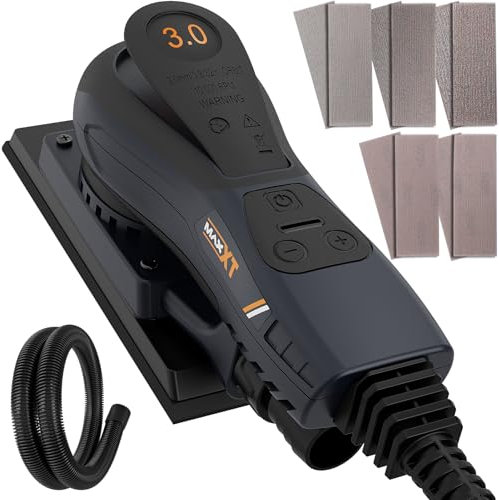Lijadora orbital 3mm sin escobillas MAXXT, Lijadora electrica 350W velocidad ajustable-4000-10000/RPM, Freno automático-2s, Recolección automática polvo, superficie lijado(198 * 70mm)-10 papeles lija