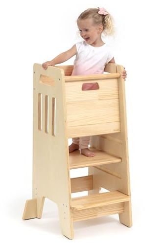 OCODILE Toddler Tower with a Sliding Door and 3 Adjustable Heights - Safe Toddler Kitchen Stool Helper with Support Feet - Updated Design for 18+ Months to 6-Year-Old Kids - Varnished