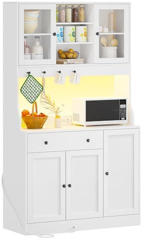 Küchenschrank mit Arbeitsplatte, Sideboard mit LED, Steckdose, Buffetschrank mit Schubladen, Verstellbaren Ablagen, Großer Stauraum, Küche, Wohnzimmer, Esszimmer, 103.5 * 40 * 180 cm, Weiß